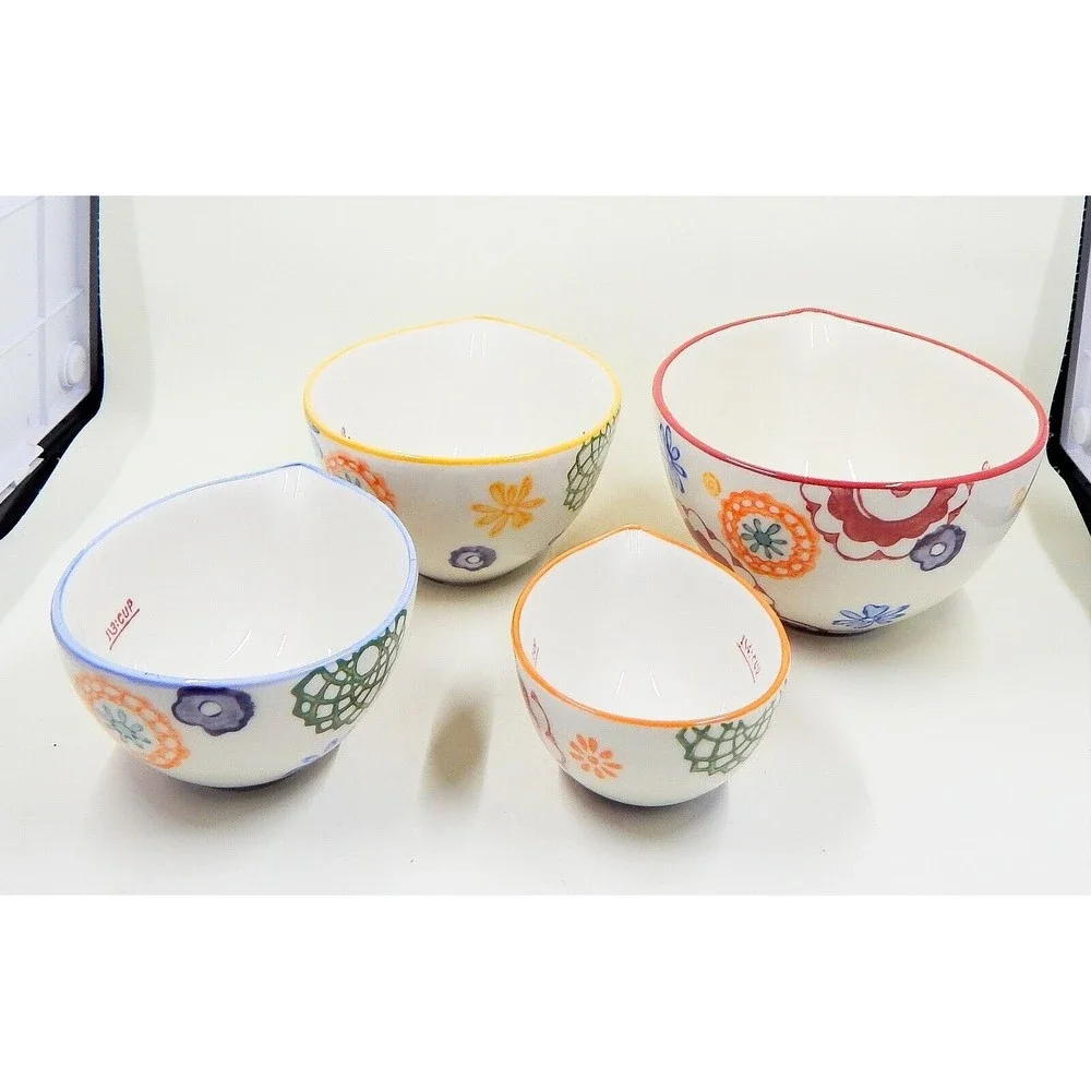 Pier 1 Imports Floral Hand Painted Stoneware Measuring Cups Set of 4